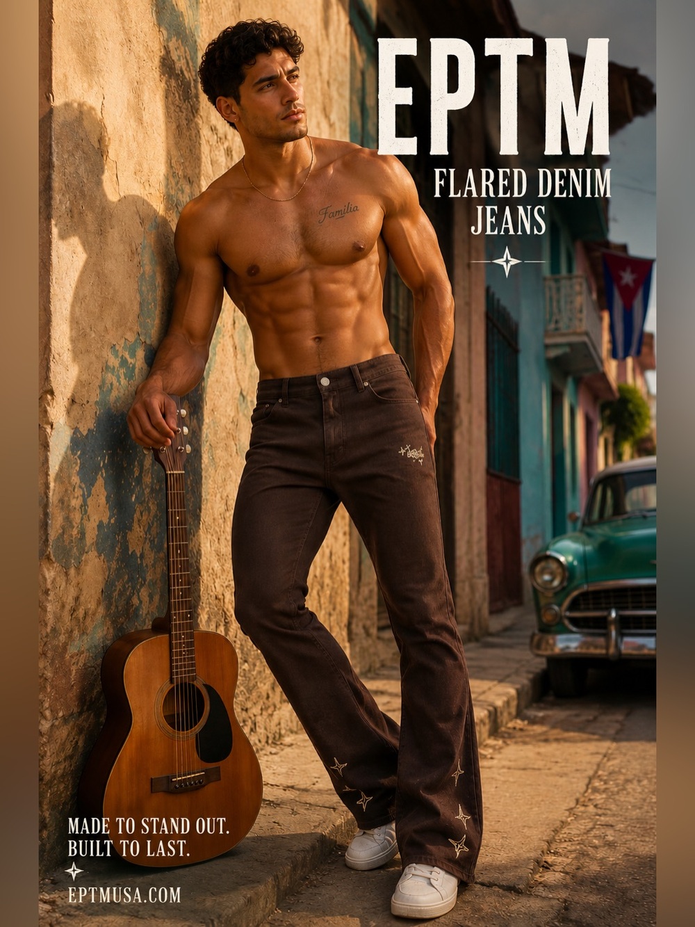Men's Burgundy Flared Bootcut Jeans with Star Embroidery
